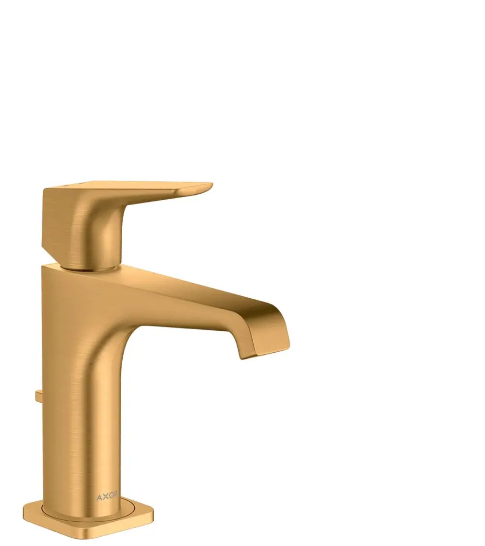 Einhebel-Waschtischmischer in Brushed Gold Optic von AXOR mit Hebelgriff und Zugstangen-Ablaufgarnitur, minimalistisch im Design.